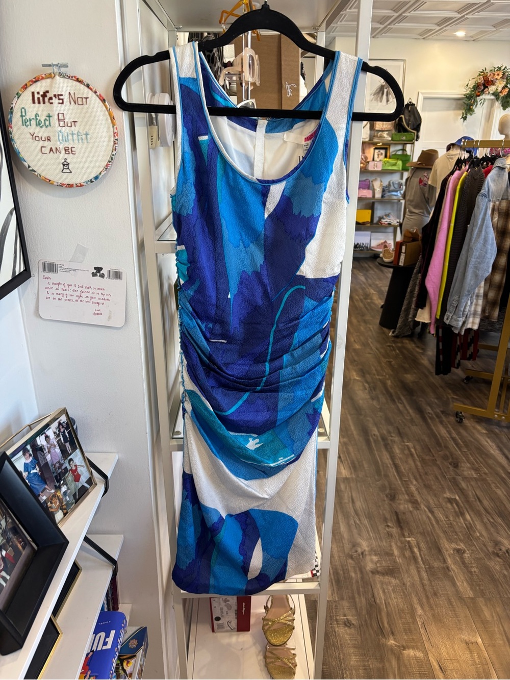 Tracy Reese Blue & White Sleeveless Ruched Sheath Dress